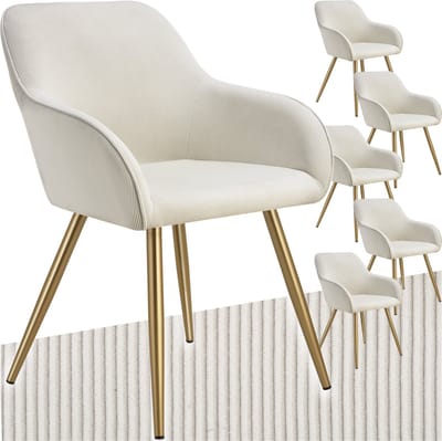 tectake® Eetkamerstoelen Marilyn - Set van 6 - Gestoffeerde Stoelen met Koordlook/ribstof - Gouden Stoelpoten - Ergonomische Keukenstoel - Stoel voor Eetkamer, Woonkamer, Slaapkamer - Creme