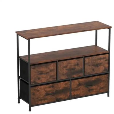 Dailygoods Ladekast, brede kast met 2 open houten planken, 5 laden en stevig metalen frame, rustiek bruin