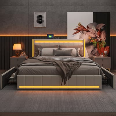 Opbergbed 140x200 cm beige linnen met 4 lades, LED-verlichting, USB & Type-C oplaadpunten, gestoffeerd tweepersoonsbed