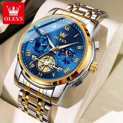 HO-2859.GZ-BL : Olevs goudzilverkl edelstaal heren horloge, quartz, blauwe wijzerplaat, chronografisch, stopwatch, secondenmolen & minuten & 24uurs/lunarfase subuurwerk