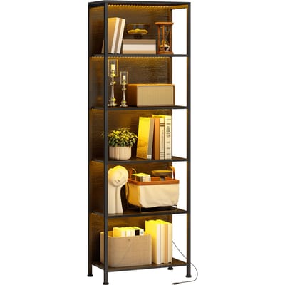 HOMCOM 5-laags boekenkast met 7-kleuren LED-verlichting, opbergplank, stalen constructie, industriële stijl, opbergmeubel voor woonkamer, bureau, slaapkamer, 60x30 x cm, Zwart