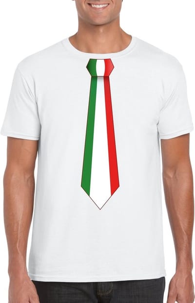 Supporters T-shirt - wit - met vlag Italie kleuren stropdas - heren - korte mouw S