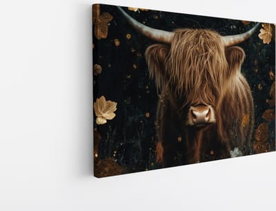 Saammp - Canvas Schilderij - Schotse Hooglander Koe - Abstract - Bladeren - Dieren - Natuur - 45x30 - Foto op canvas - Wanddecoratie - muurdecoratie Woonkamer - Slaapkamer decoratie - Canvas Print