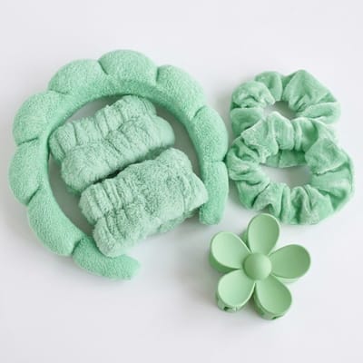 Mintgroen haaraccessoire set dames – 6-delig set met haarband, scrunchies, washandbanden en bloem haarclip – zachte fleece haarset voor gezichtsverzorging en dagelijks gebruik