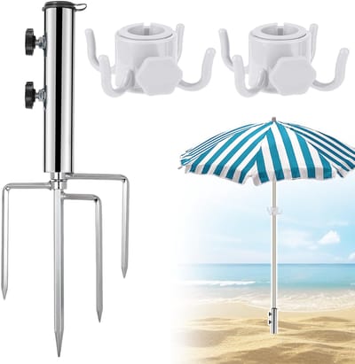 Paraplustandaard, strand, metaal, met gazondoorn en 2 haken, instelbaar, robuust grondanker, parasolhouder, strand, voor vissen, tuin, strand, camping