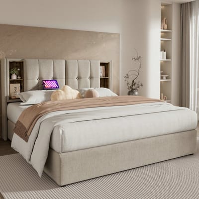 VVBV Gestoffeerd Opbergbed 140x200 cm - Opbergruimte, USB, Draadloos Laden, Lattenbodem, Houten Lattenbodem, Lades - Hout