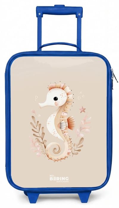 NoBoringSuitcases.com® - Kinderkoffer blauw - Kindertrolley jongen - Roze zeepaardje tussen zeeplanten - Koffer kind lichtgewicht - Reiskoffer trolley voor kinderen - Koffertje met lichtgevende wieltjes - Rolkoffer