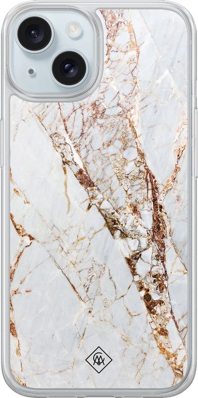 Casimoda® hoesje - Geschikt voor iPhone 14 - Marmer Goud - 2-in-1 case - Schokbestendig - Marble design - Verhoogde randen - Bruin/beige, Transparant