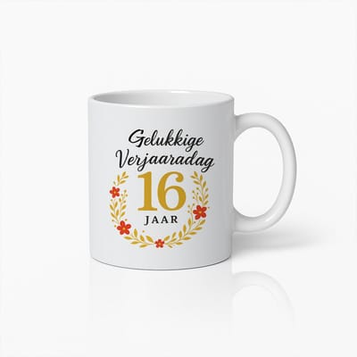 Gelukkige 16e Verjaardag Mok 330ml – Elegante Bloem Design Cadeau voor Tieners