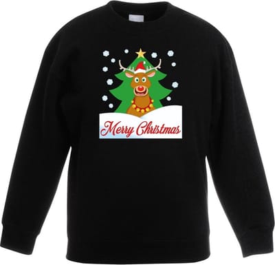 Kersttrui voor kinderen - Rendier Rudolf voor kerstboom - Zwart - lange mouwen 98/104