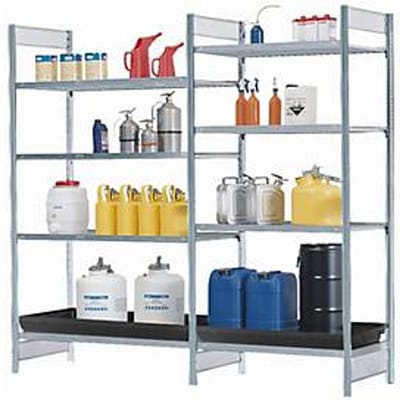 Aanbouwrek RSG-V 1064 voor stellingen voor gevaarlijke stoffen asecos RSG-V 1064, B 1010 x D 640 x H 2000 mm, met opvangbak uit PE 28 l, 3 staalmat legborden