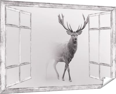 Gards Tuinposter Doorkijk Hert - Zwart Wit - 180x120 cm - Tuindoek - Tuindecoratie - Wanddecoratie buiten - Tuinschilderij
