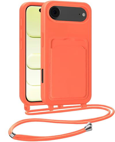 Hoesje Geschikt voor iPhone Air Telefoonhoesje Met Koord Case Pashouder Siliconen - Hoes Geschikt voor iPhone Air Hoesje Met Kaarthouder - Papaya
