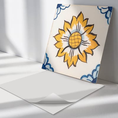 Wallfluent Vinyl Tegels - Bloemenkeramiekpatroon Wand PVC Tegels - 30 cm x 30 cm - Geel Vinyl Tegels - Set van 9 - Vierkant PVC Tegels - Bloemen en Planten Plaktegels - Vinyl Tegels Zelfklevend - Plaktegels Keuken en Badkamer