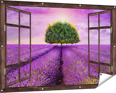 Gards Tuinposter Doorkijk Groene Boom in de Lavendel Bloemen - 150x100 cm - Tuindoek - Tuindecoratie - Wanddecoratie buiten - Tuinschilderij