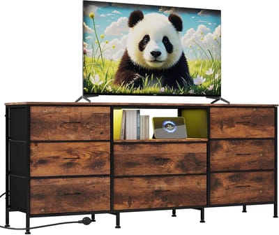 Commode TV- Meubel TV met LED en 8 Lades - TV‑meubel 160 x 35 x 68 cm - met Stalen Frame & Spaanplaten - Groot Opbergvak voor Woonkamer & Slaapkamer - bruin