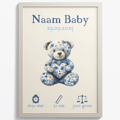 Baby / Geboorte poster - Blauw Beertje - Met Naam, Geboortedatum, Gewicht, Lengte en Tijd - A2+ Formaat 43,2 x 61 cm - Gepersonaliseerde Baby posters