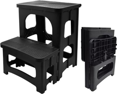 HEZIVO® Opstapje Inklapbaar - Opstapkrukje Volwassenen - Anti-slip - Keukentrapje - Huishoudtrap - 2-Traps Ladder - Zwart - Opvouwbaar