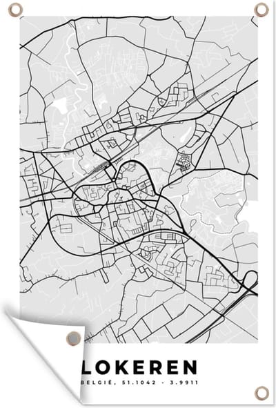 Muurdecoratie België – Lokeren – Stadskaart – Kaart – Zwart Wit – Plattegrond - 120x180 cm - Tuinposter - Tuindoek