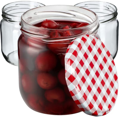 KADAX jampotten, 425 ml, inmaakpotten met schroefdeksel, potten met schroefsluiting, conservenpotten, voorraadpotten voor jam, honing (rood geruit, 6 stuks)