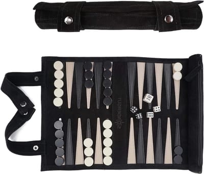 VIN® Backgammon Koffer – Luxe Backgammon Set – Lederen Bordspel – Reisspel Set - Draagbaar – Set Voor 2 Spelers - 32 x 25 cm - Zwart