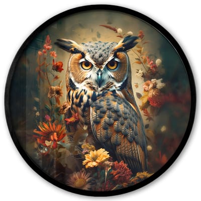 Poster in lijst Rond - Fotolijst 40x40 cm - Posters - Uil - Vogel - Bloemen - Planten - Botanisch - Ronde posterlijst zwart - Decoratie - Wanddecoratie woonkamer - Muurdecoratie slaapkamer