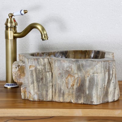 Natuurstenen wastafel - Fossiel versteend hout – Waskom – Steen – Voor badkamer en toilet
