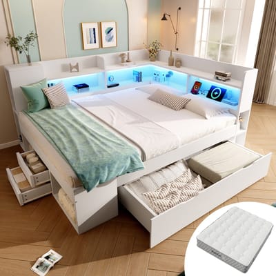 MODFU - Bedframe – 140x200 cm – Dagbedstijl – Met LED, USB & matras – Wit hout