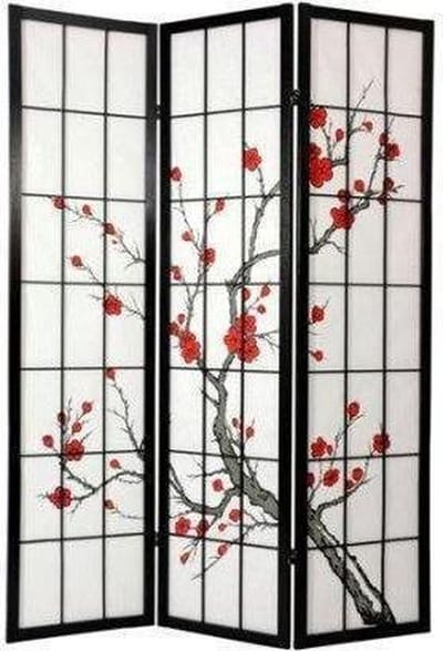 Fine Asianliving Japanse Kamerscherm B135xH180cm 3 Panelen Shoji Rijstpapier Zwart - Sakura