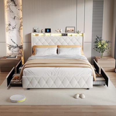 Gestoffeerd Bed - Opbergbed Tweepersoons - Moderne Slaapkamer - Geïntegreerde USB Poorten - 140x200 cm - Beige