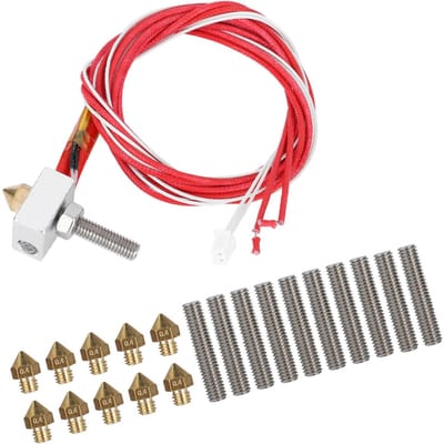 3D Printer Extruder with Aluminum Heating Block 10pcs Line Pipe (30mm) and 10pcs 0.4mm nozzle red