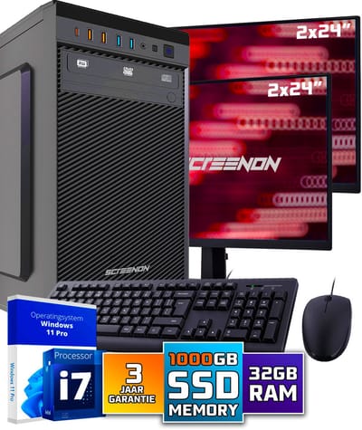 Intel Compleet PC SET | Intel Core i7 | 32 GB DDR4 | 1 TB SSD + 2 x 24 Inch Monitor + Muis + Toetsenbord | Windows 11 Pro + WiFi & Bluetooth