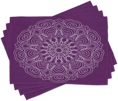 ABAKUHAUS Lila Mandala Tafelonderleggers, kant- en krulontwerp bedrukt met abstracte krommen en golven, tafeldecoratie van kleurvast stof voor eetkamer en keuken, lichtviolet en paars