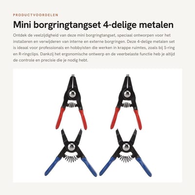 Dailygoods- Borgringtangset 4-delig - Universele Metalen Tang - Interne/Externe Borgveertang - Slijtvast/Stevig - Perfect voor Autoreparatie - Snap Ring Tang
