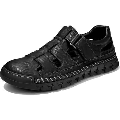 Uitgesneden Herensandalen Casual Leer Heren Zomerschoenen Buiten Man Strand Sandalen Zachte Romeinse Schoenen Sneldrogende Waadschoenen Aqua Schoenen 46 black