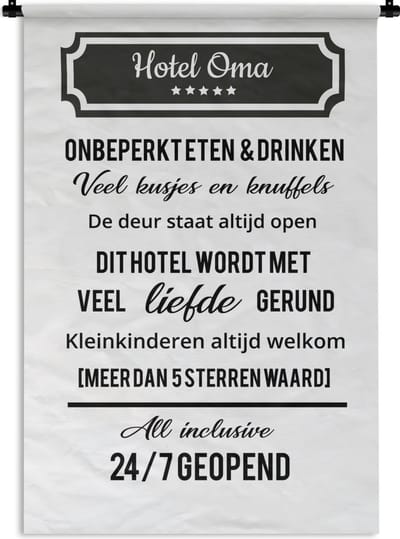 Wandkleed Moederdag - 12 mei Moederdag cadeau met tekst - Hotel Oma altijd open Wandkleed katoen 90x135 cm - Wandtapijt met foto