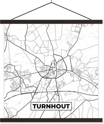 Posterhanger incl. Poster 60x60 cm - Schoolplaat - Stadskaart – Zwart Wit - Kaart – Turnhout – België – Plattegrond - Textielposter - Zwarte latten - Stadskaart