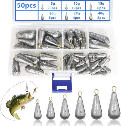 50 Delige Set Druppelvormige Loodgewichten voor Vissen | Diverse Grammages | Inclusief Opbergdoos
