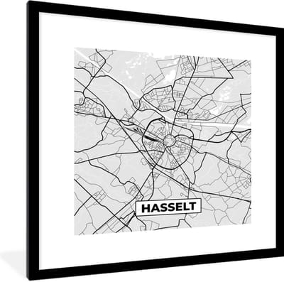 Fotolijst incl. Poster Zwart Wit- Stadskaart – Plattegrond – België – Zwart Wit – Hasselt – Kaart - 40x40 cm - Posterlijst