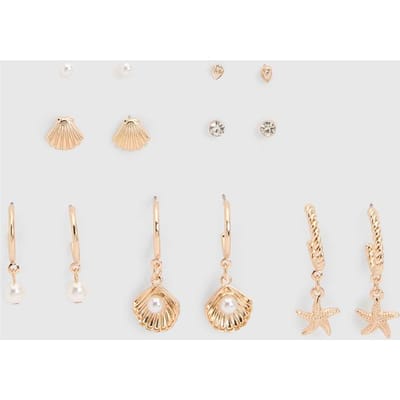 boohoo Dames Oceaan Detail Stapel Oorbellen 7-pack | Goud