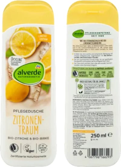Alverde Naturkosmetik Douchegel Zitronentraum | 1x 250 ml - Citroen Droom - Met Biologische Citroenschil & Berkenextract | Limited Edition 2025