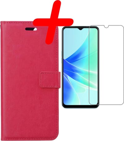 Hoesje Met Screenprotector - Geschikt voor OPPO A17 - Luxe Pasjeshouder - Bookcase Portemonee - Flip Case - Kunstleer Book Case - Flipcase - Book Cover - Walletcase - Portemonneehoes - Donkerroze