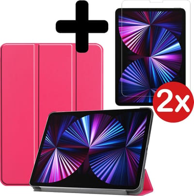 Hoesje - Geschikt voor Apple iPad Pro (2021) - 11 inch - 3e generatie - Met Screenprotector - Hardcover Book Case - Trifold Bookcase Hoes - Hard Cover - Tablethoes - Donkerroze