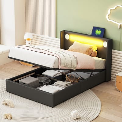 Sweiko Kinderbed 90x200cm Kussenbed, met LED Lichtband, Bluetooth Speler en USB opladen, PU lederen opbergbed, tweepersoonsbed, Flat noedles frame jeugdbed, Zwart (Geen matras)