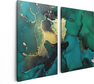 Artaza Canvas Schilderij Tweeluik Abstracte Kunst - Groen met Goud - 80x60 - Foto Op Canvas - Canvas Print