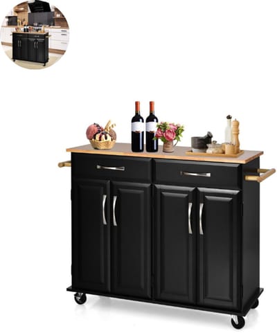 Keukeneiland - Verplaatsbaar - Keukenkast - Dressoir - Organizer - Kasten - Houten Werkblad - Zwart