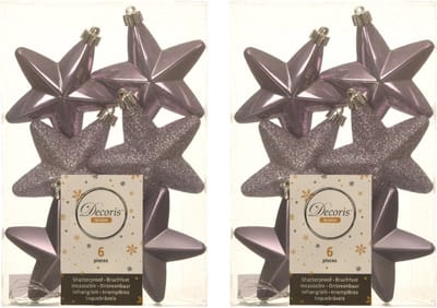 12x stuks kerstornamenten kunststof sterren kerstballen heide lila paars 7 cm