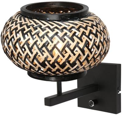 Wandlamp Nox Light 4459ZW - trendy bamboe en zwart metaal, diameter 23 cm, hoogte 14 cm, Steinhauer