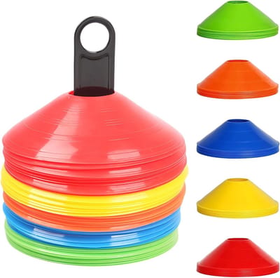 Allecto Plus - 50 stuks markeringshoedjes voor sporttraining inclusief standaard en tas - voor hockey, schaatsen, handbal en coördinatietraining (polychromatisch)