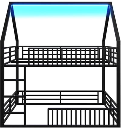 Huisbed 140x200cm stapelbed met hek en LED-verlichting, zwart